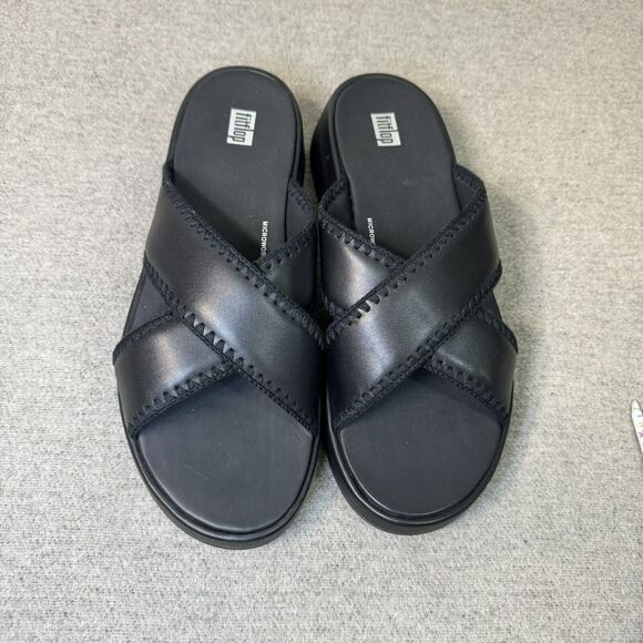 FitFlop Sandals Women 10 Black F Mode Crochet Trim Platform Slides Walk Comfort - Picture 3 of 8